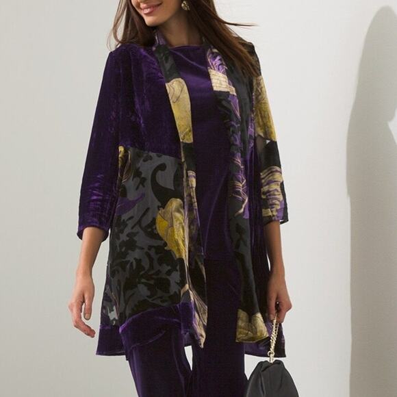 Chico's Sweaters - Chico's Travelers Burnout Velvet Kimono Cardigan Purple Yellow Size 3 US 16 XL